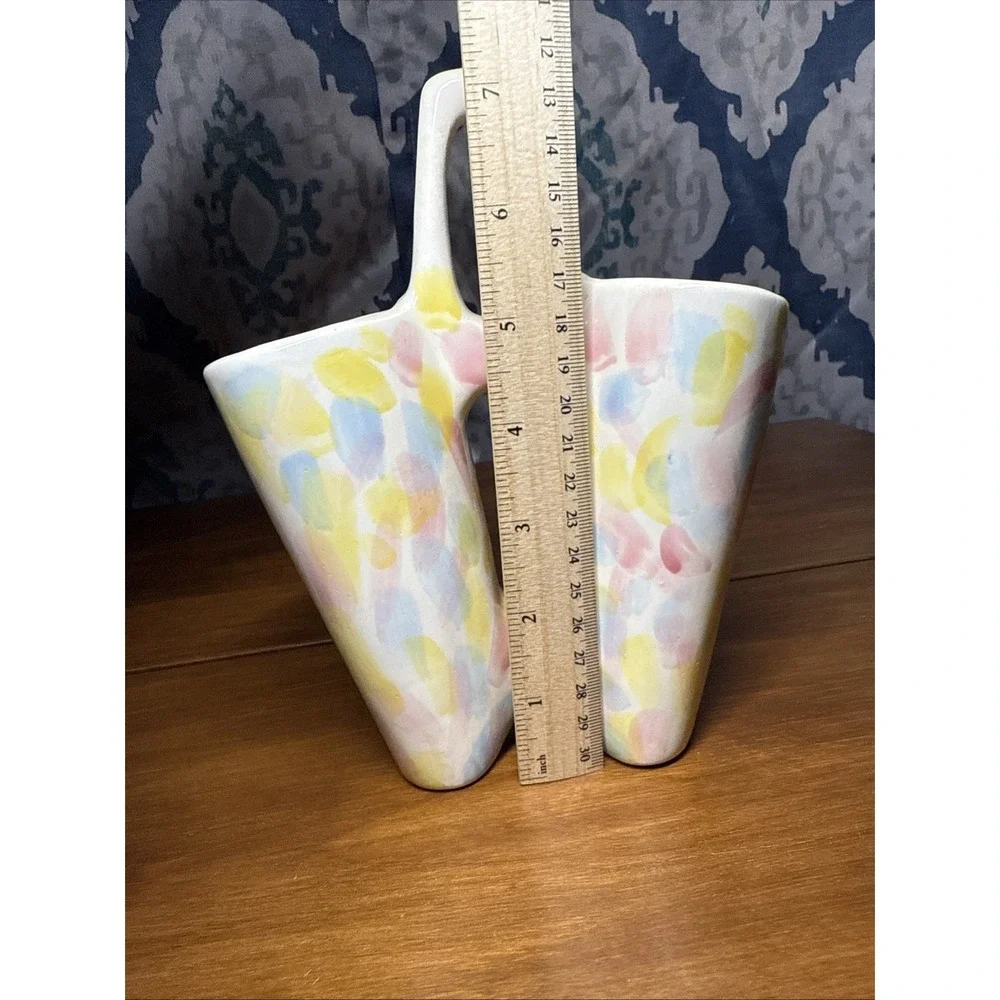 Vtg 1986 Handmade Studio Ceramic Double Vase Signed‎ Pastel Easter Colors